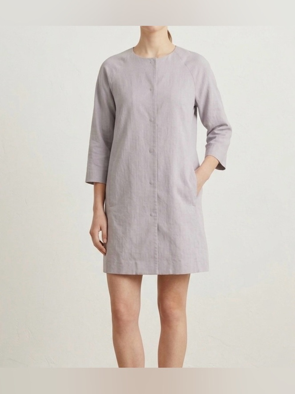 Eileen Fisher Gray Collarless Duster Coat Dress Button Down Shirt Jacket M